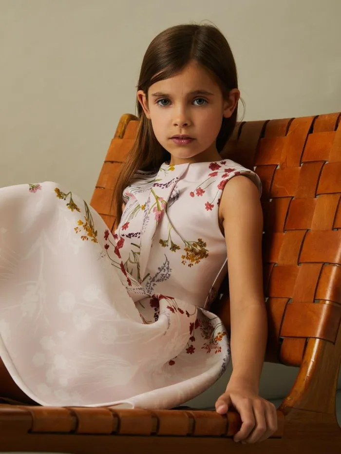 REISS Dresses Children Floral Print Scuba Pleated Dress Pink Print