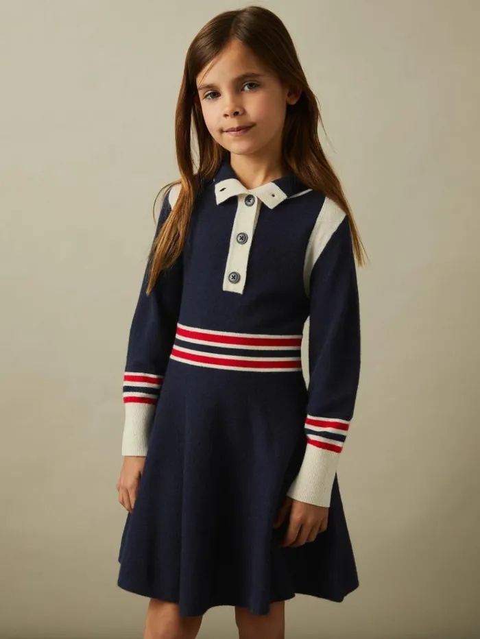 REISS Dresses Children Knitted ButtonThrough Funnel Neck Skater Dress Navy