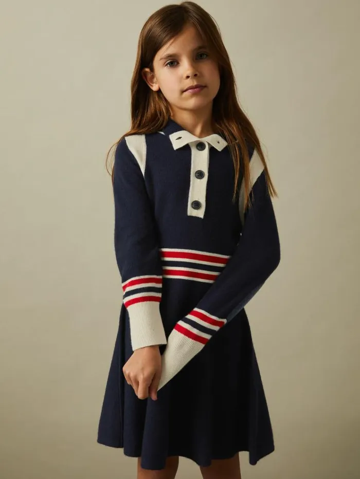 REISS Dresses Children Knitted ButtonThrough Funnel Neck Skater Dress Navy