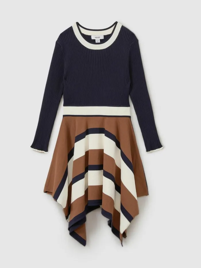 REISS Dresses Children Knitted Colourblock Asymmetric Dress Navy