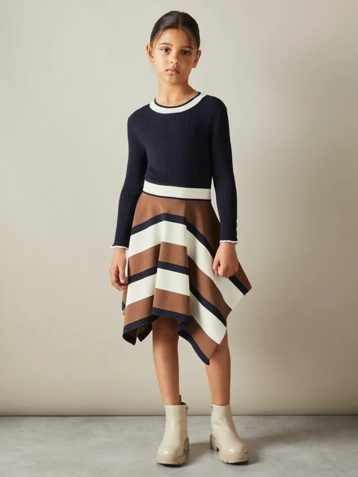 REISS Dresses Children Knitted Colourblock Asymmetric Dress Navy