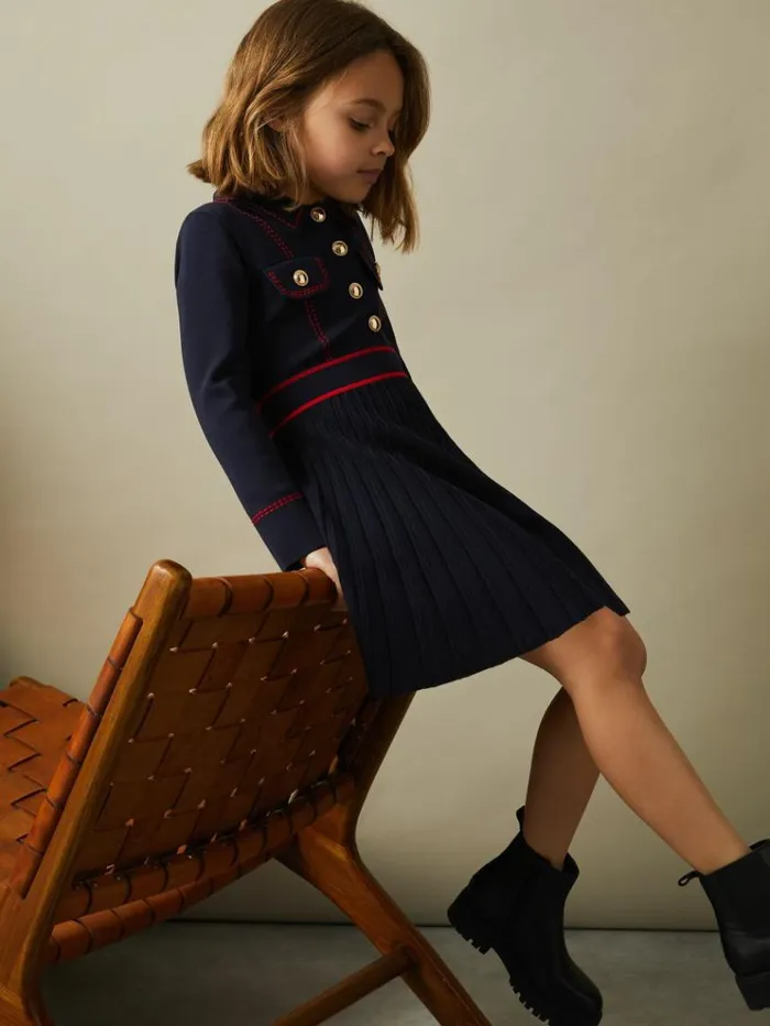 REISS Dresses Children Knitted Contrast Stitch Dress Navy