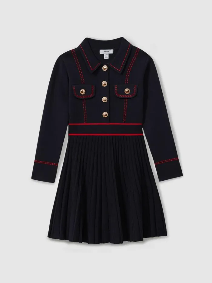 REISS Dresses Children Knitted Contrast Stitch Dress Navy