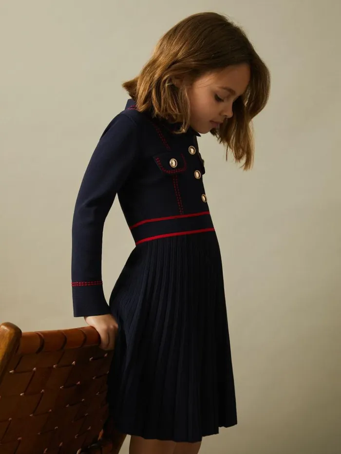 REISS Dresses Children Knitted Contrast Stitch Dress Navy