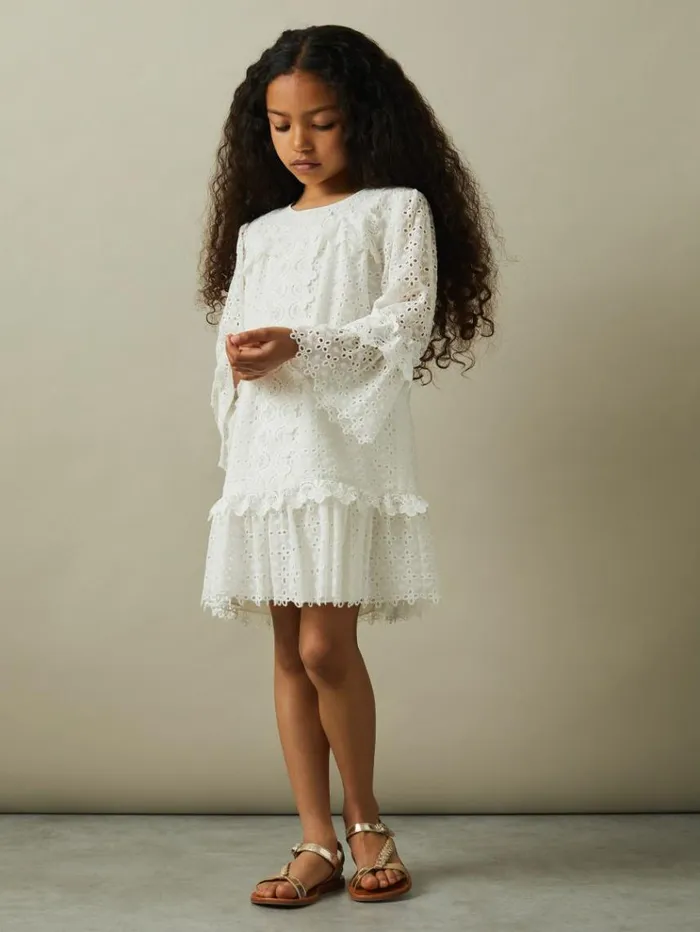 REISS Dresses Children Lace Flared Sleeve Dress Ivory