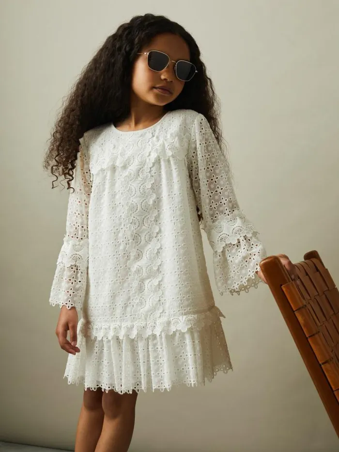 REISS Dresses Children Lace Flared Sleeve Dress Ivory