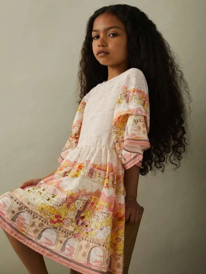REISS Dresses Children Placement Print Flare Sleeve Dress Pink Print