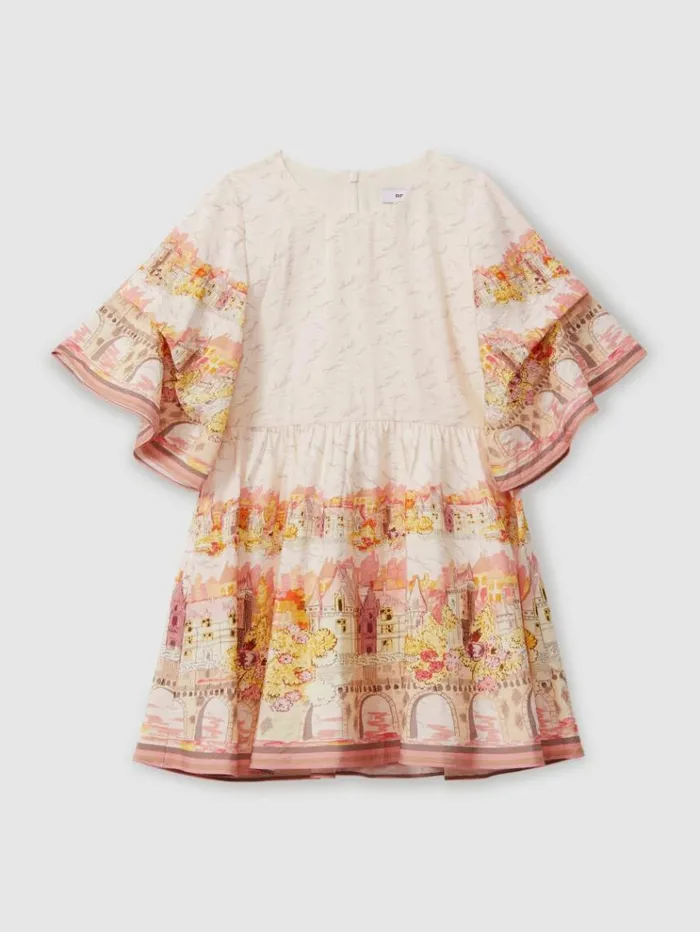 REISS Dresses Children Placement Print Flare Sleeve Dress Pink Print