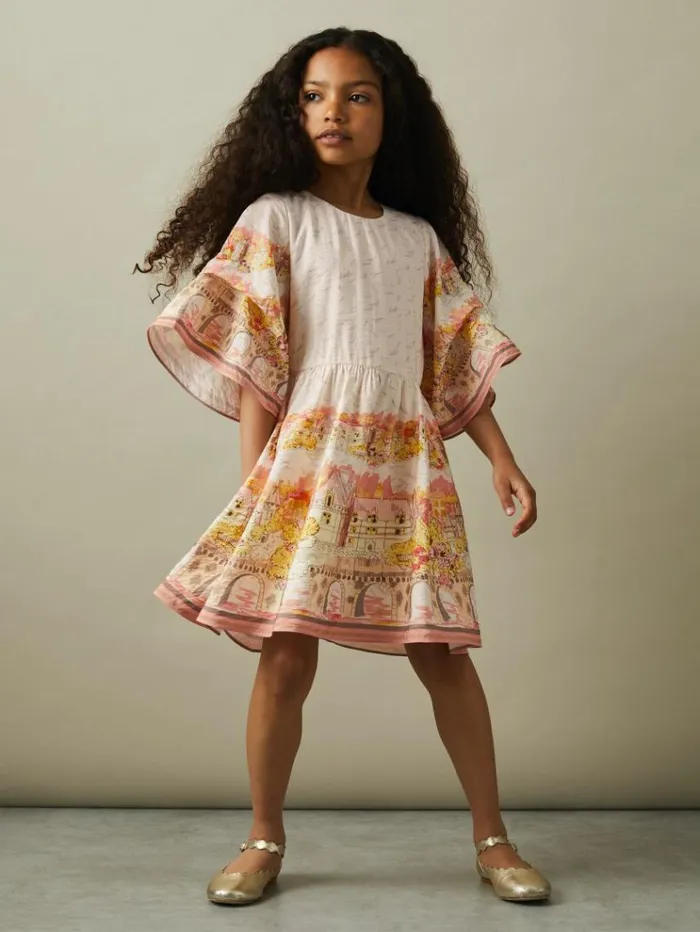 REISS Dresses Children Placement Print Flare Sleeve Dress Pink Print