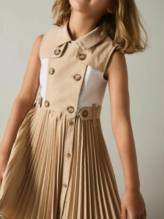 REISS Dresses Children Pleated ButtonFront Dress Camel