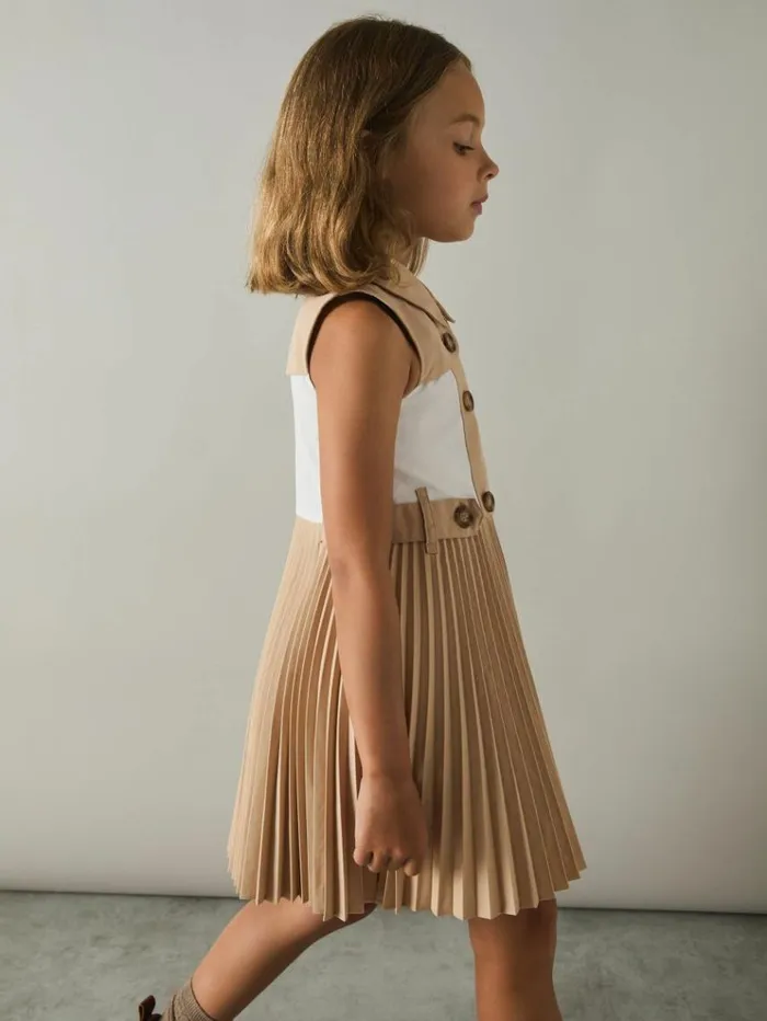 REISS Dresses Children Pleated ButtonFront Dress Camel