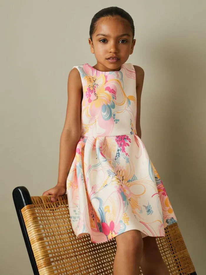 REISS Dresses Children Pleated Scuba Dress Pink Print