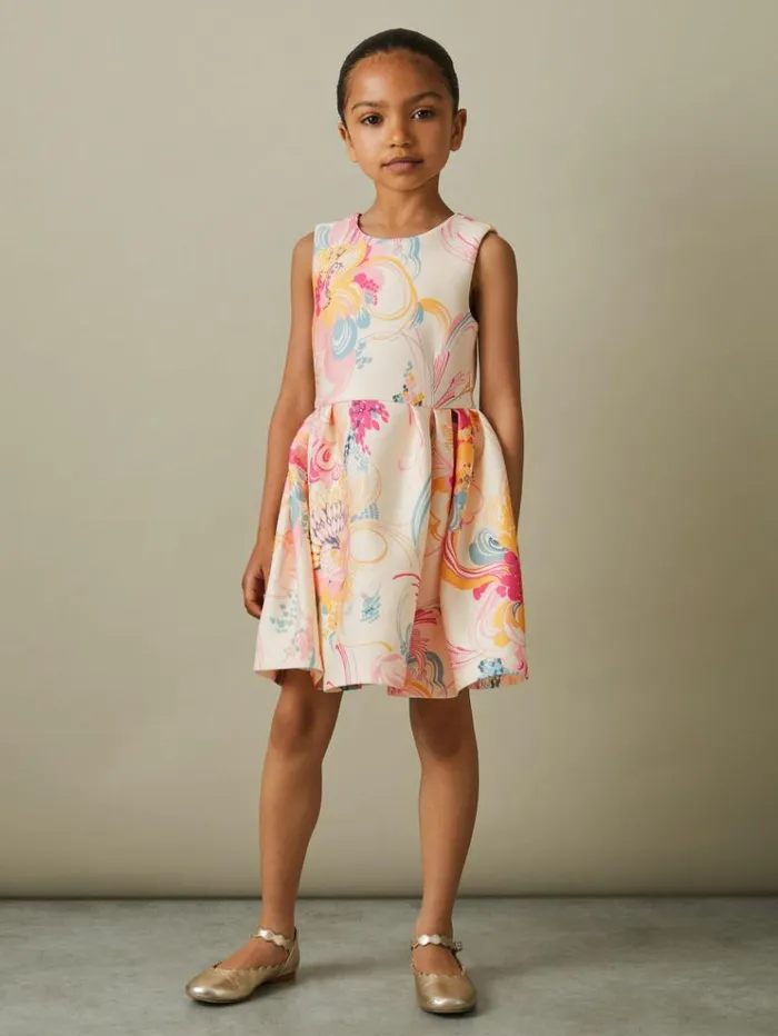REISS Dresses Children Pleated Scuba Dress Pink Print