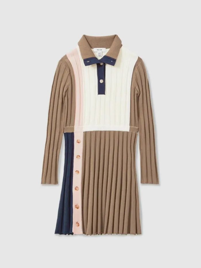 REISS Dresses Children Ribbed Colourblock Funnel Neck Dress Camel