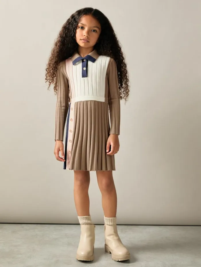 REISS Dresses Children Ribbed Colourblock Funnel Neck Dress Camel