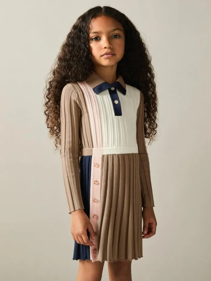 REISS Dresses Children Ribbed Colourblock Funnel Neck Dress Camel