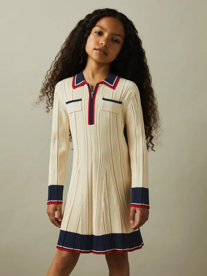 REISS Dresses Children Ribbed Colourblock Mini Dress Camel
