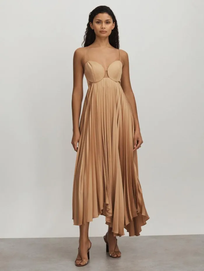 REISS Dresses Women Acler Pleated Asymmetric Midi Dress Gold