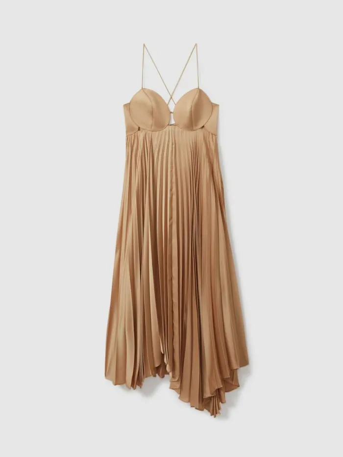 REISS Dresses Women Acler Pleated Asymmetric Midi Dress Gold