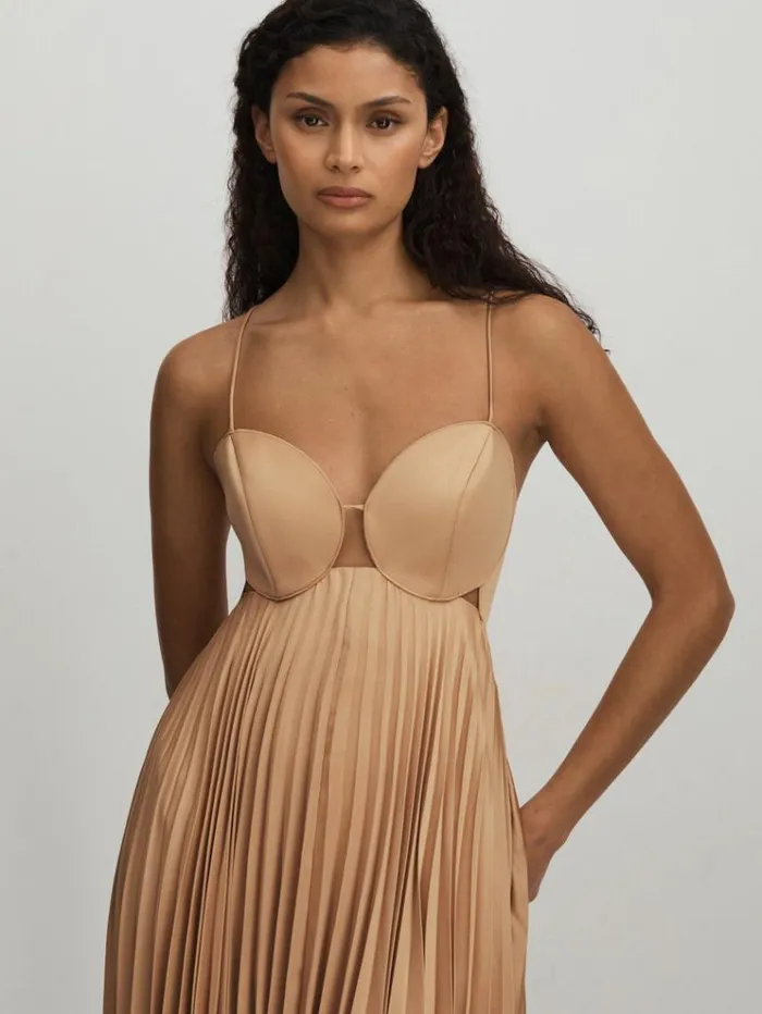 REISS Dresses Women Acler Pleated Asymmetric Midi Dress Gold