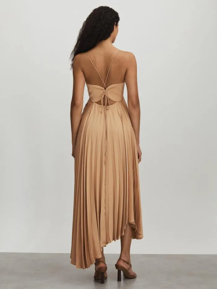 REISS Dresses Women Acler Pleated Asymmetric Midi Dress Gold