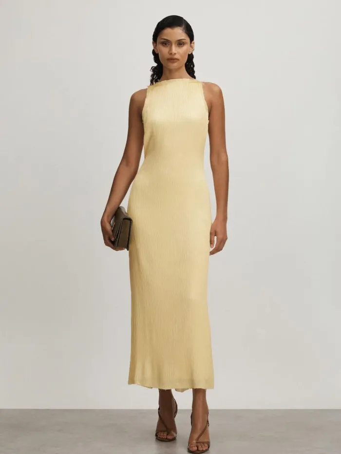 REISS Dresses Women Anna Quan Plisse Raw Hem Maxi Dress Buttercup