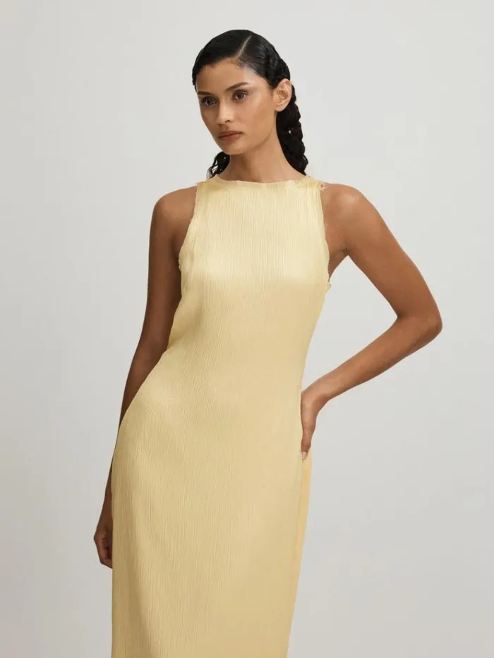 REISS Dresses Women Anna Quan Plisse Raw Hem Maxi Dress Buttercup