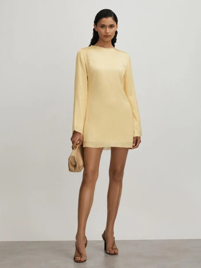 REISS Dresses Women Anna Quan Plisse Raw Hem Mini Dress Buttercup