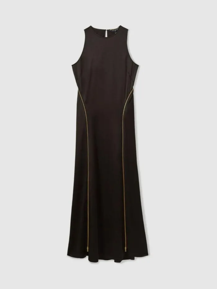 REISS Dresses Women Atelier Zipped Satin Maxi Dress With Virgin Wool Chocolate
