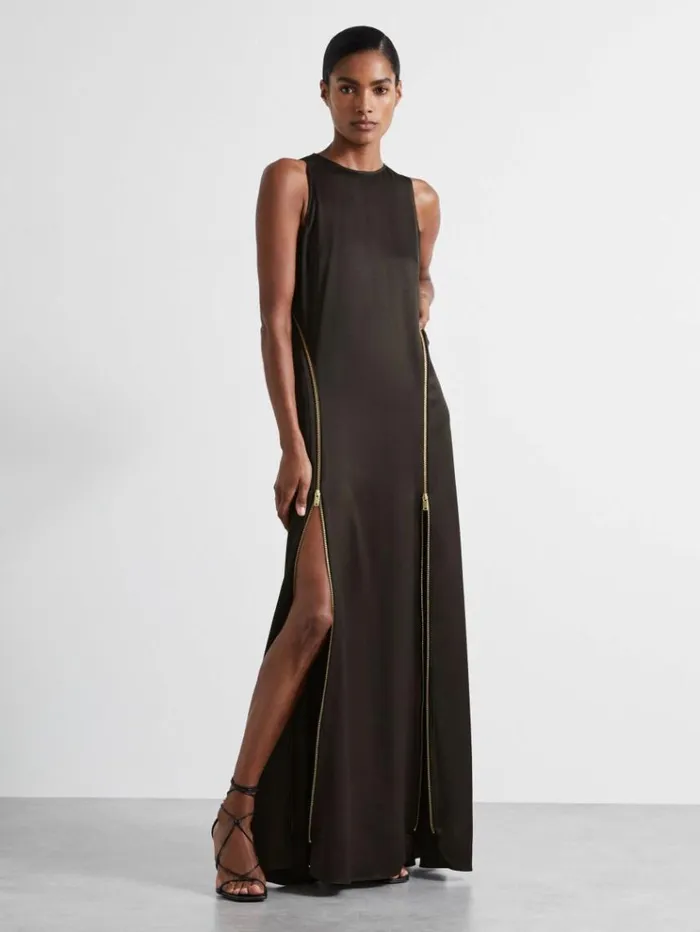 REISS Dresses Women Atelier Zipped Satin Maxi Dress With Virgin Wool Chocolate
