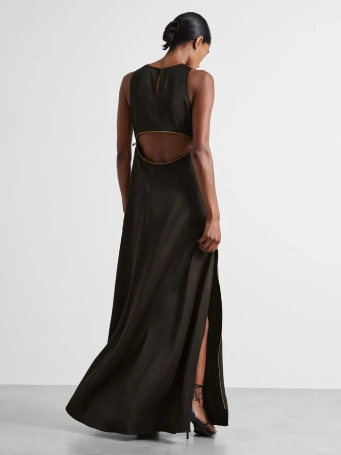 REISS Dresses Women Atelier Zipped Satin Maxi Dress With Virgin Wool Chocolate