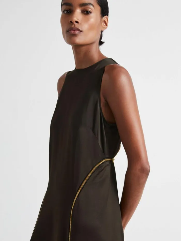 REISS Dresses Women Atelier Zipped Satin Maxi Dress With Virgin Wool Chocolate