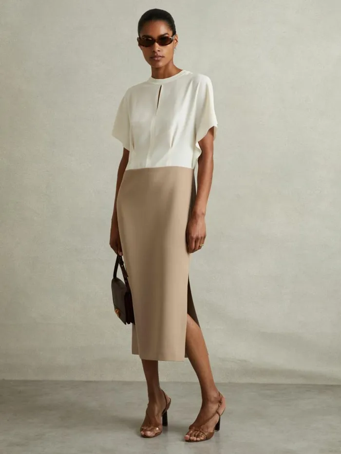 REISS Dresses Women Colourblock Draped Sleeve Midi Dress Ivorystone