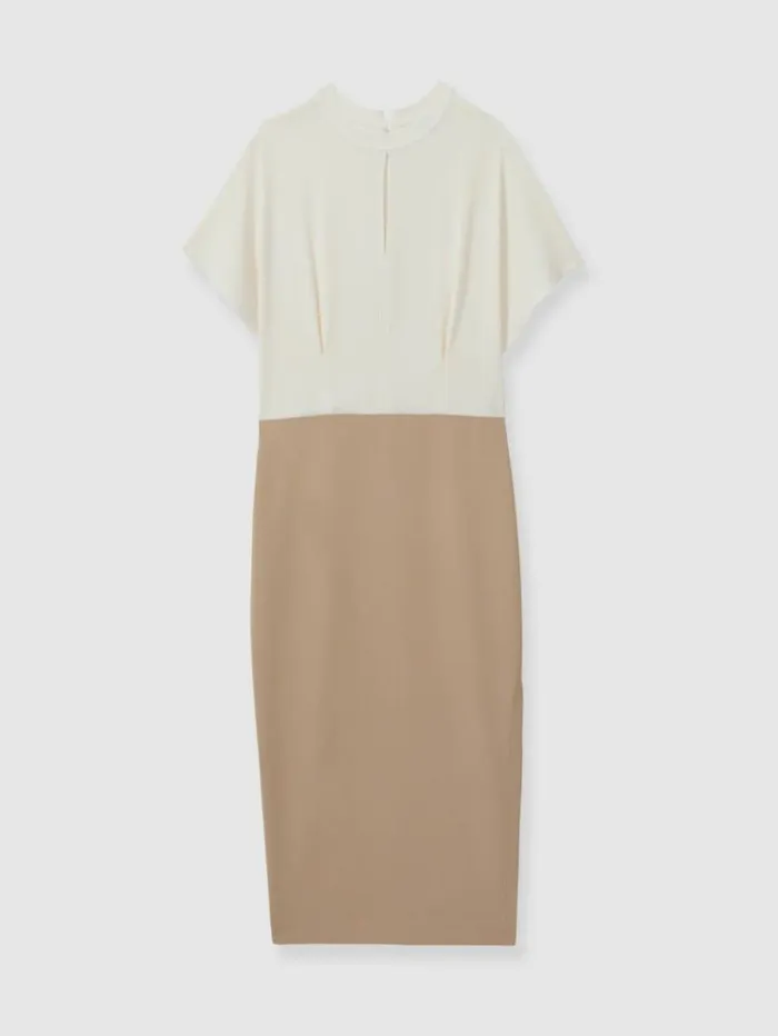 REISS Dresses Women Colourblock Draped Sleeve Midi Dress Ivorystone
