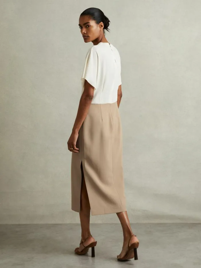 REISS Dresses Women Colourblock Draped Sleeve Midi Dress Ivorystone