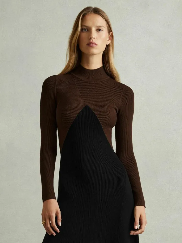 REISS Dresses Women Colourblock Ribbed Midi Dress Chocolateblack