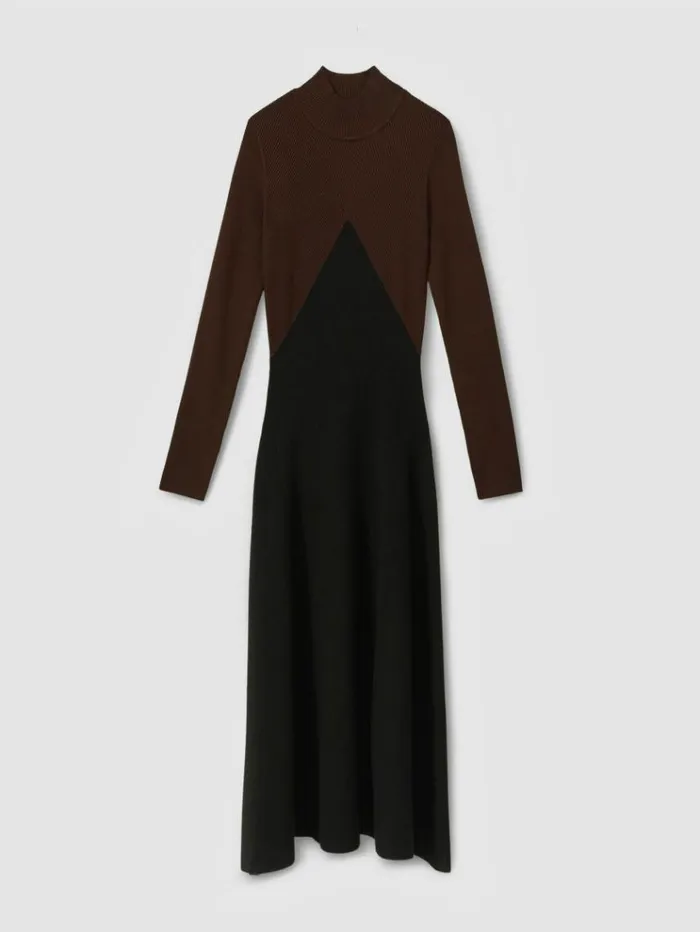 REISS Dresses Women Colourblock Ribbed Midi Dress Chocolateblack