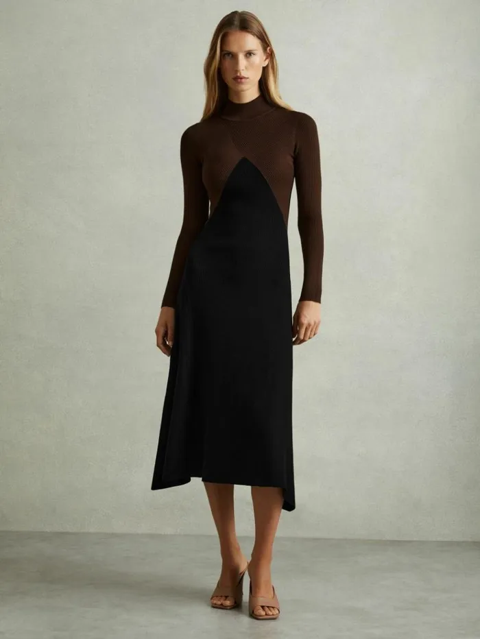 REISS Dresses Women Colourblock Ribbed Midi Dress Chocolateblack