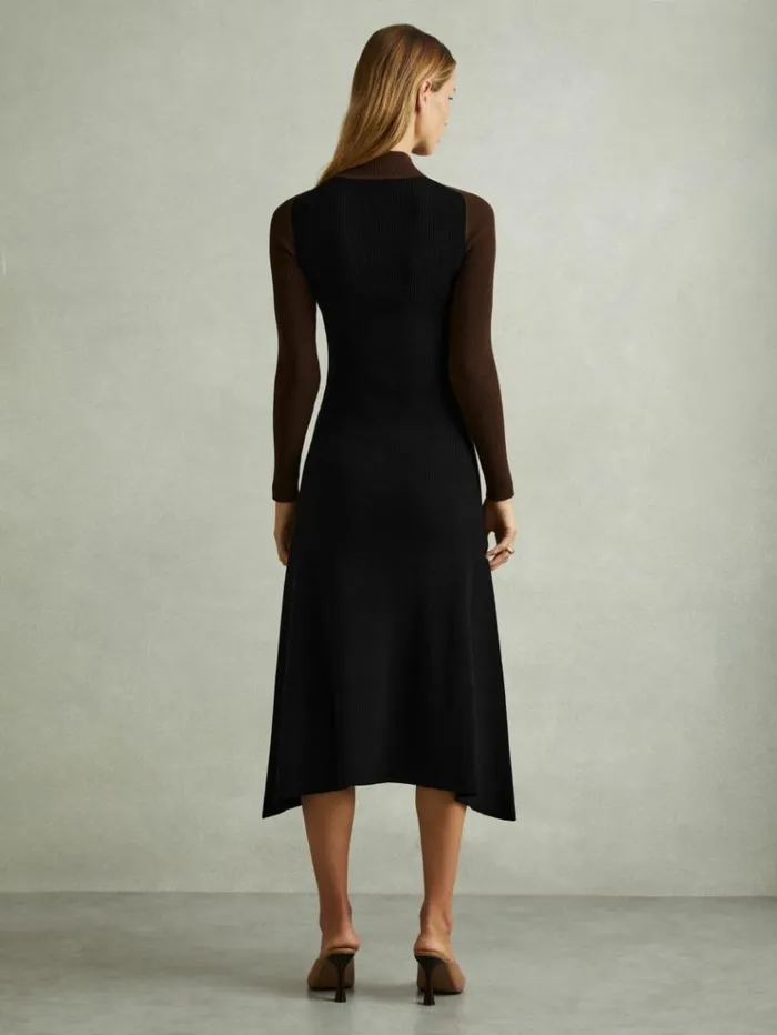 REISS Dresses Women Colourblock Ribbed Midi Dress Chocolateblack