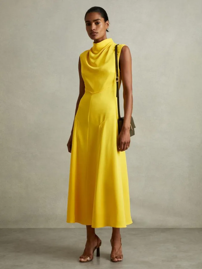 REISS Dresses Women Cowl Neck Seam Detail Midi Dress Yellow