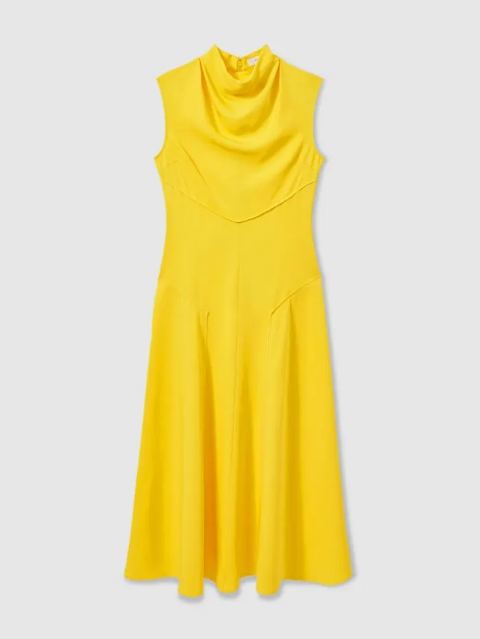 REISS Dresses Women Cowl Neck Seam Detail Midi Dress Yellow