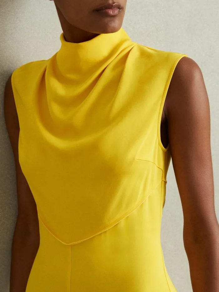 REISS Dresses Women Cowl Neck Seam Detail Midi Dress Yellow