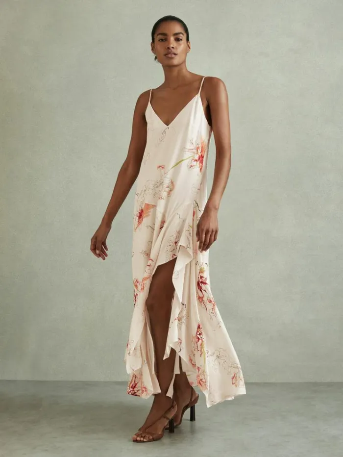 REISS Dresses Women Floral Print Side Split Midi Dress Ivorycoral