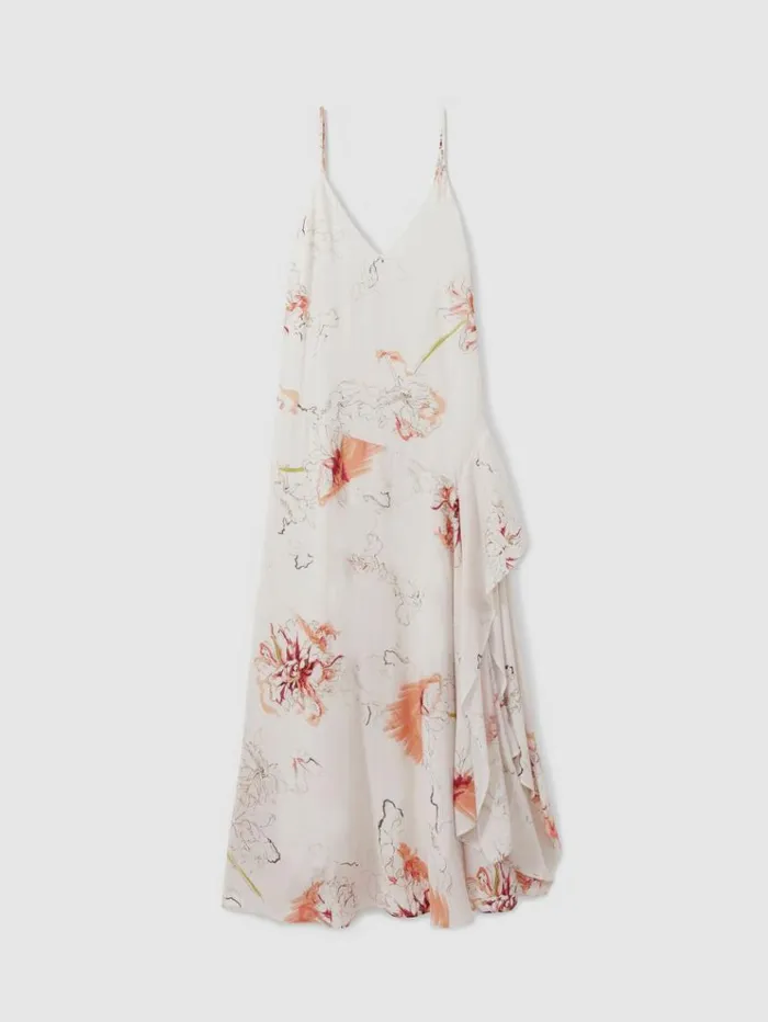 REISS Dresses Women Floral Print Side Split Midi Dress Ivorycoral