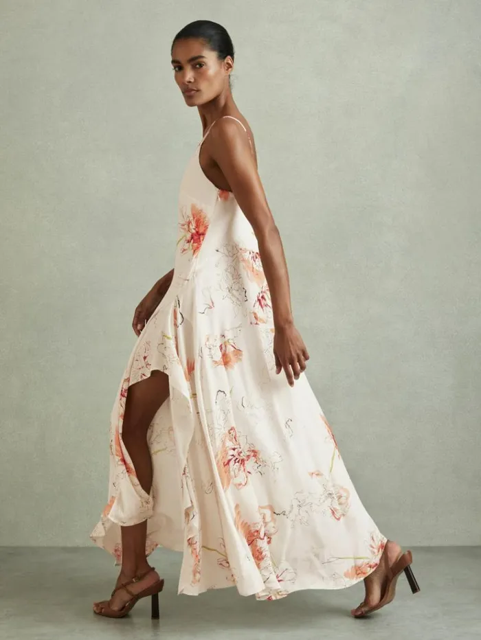 REISS Dresses Women Floral Print Side Split Midi Dress Ivorycoral