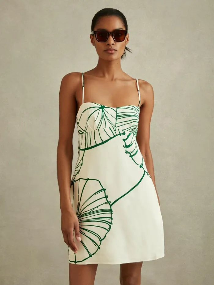 REISS Dresses Women Floral Sketch Removable Strap Mini Dress Whitegreen