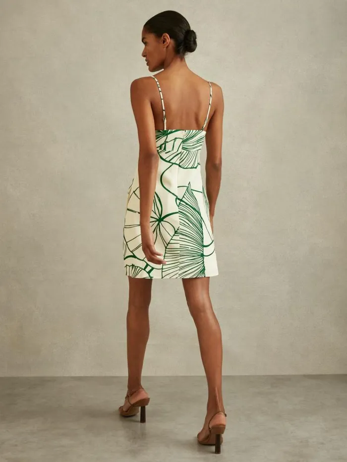 REISS Dresses Women Floral Sketch Removable Strap Mini Dress Whitegreen