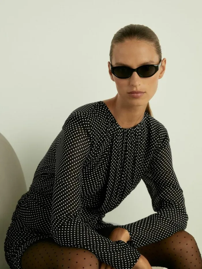 REISS Dresses Women Gathered PolkaDot Georgette Mini Dress Black