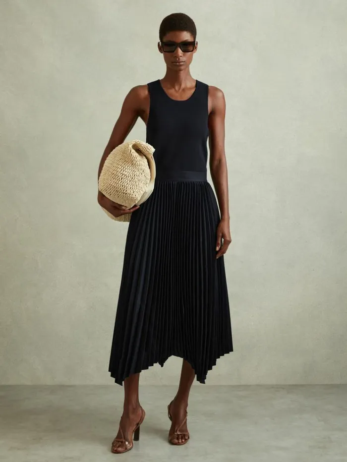 REISS Dresses Women Knit Hybrid Midi Dress Navy