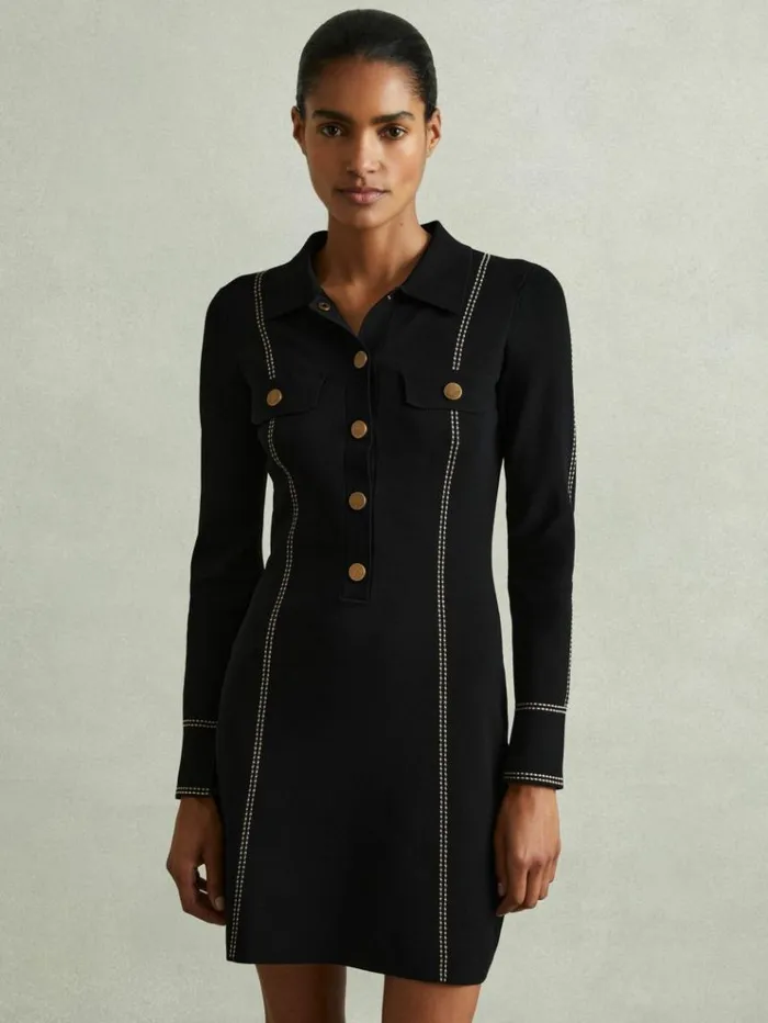 REISS Dresses Women Knitted Contrast Seam Mini Dress Black